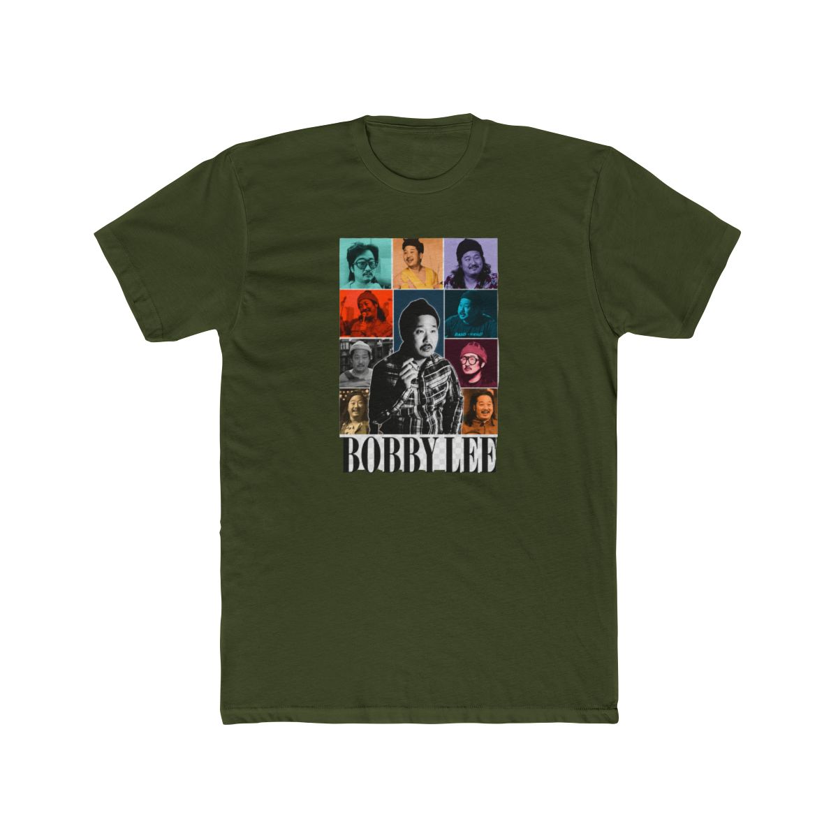 Dark grey T Shirt featuring a grid of images of Bobby Lee, with the name "BOBBY LEE" printed below in white. The shirt has a vintage, worn appearance