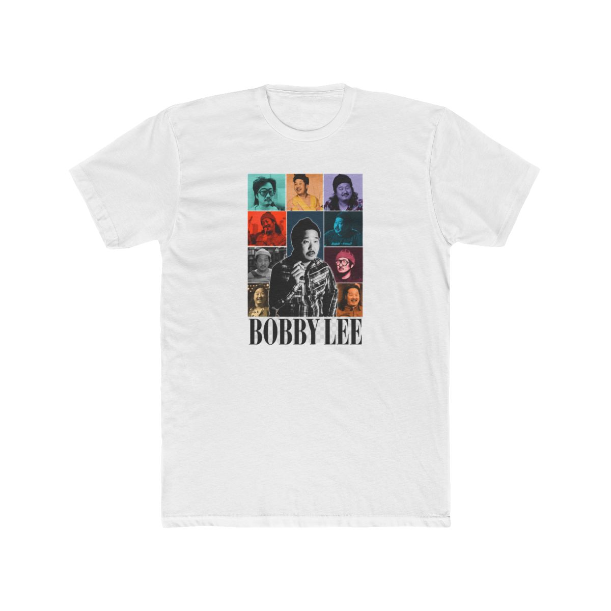 Dark grey T Shirt featuring a grid of images of Bobby Lee, with the name "BOBBY LEE" printed below in white. The shirt has a vintage, worn appearance